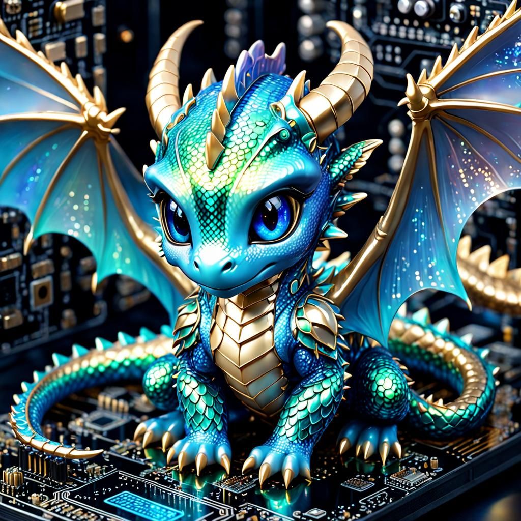 Cute Circuit Dragon Cub on Circuitry Board