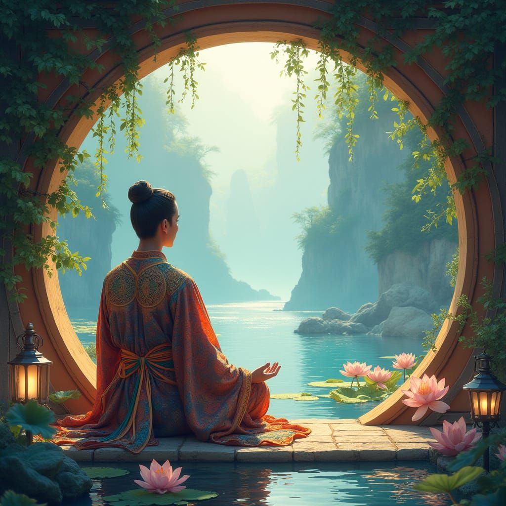 Meditating Man in a Japanese Temple