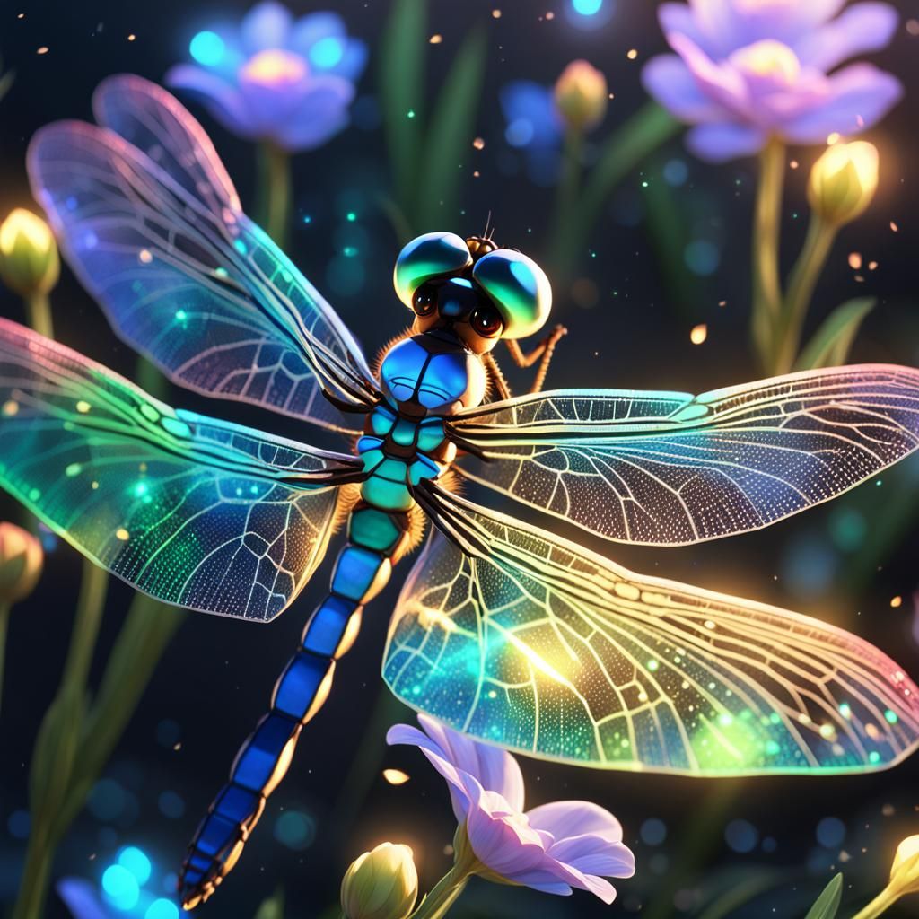 Iridescent Dragonfly in Vibrant 3D Anime Art