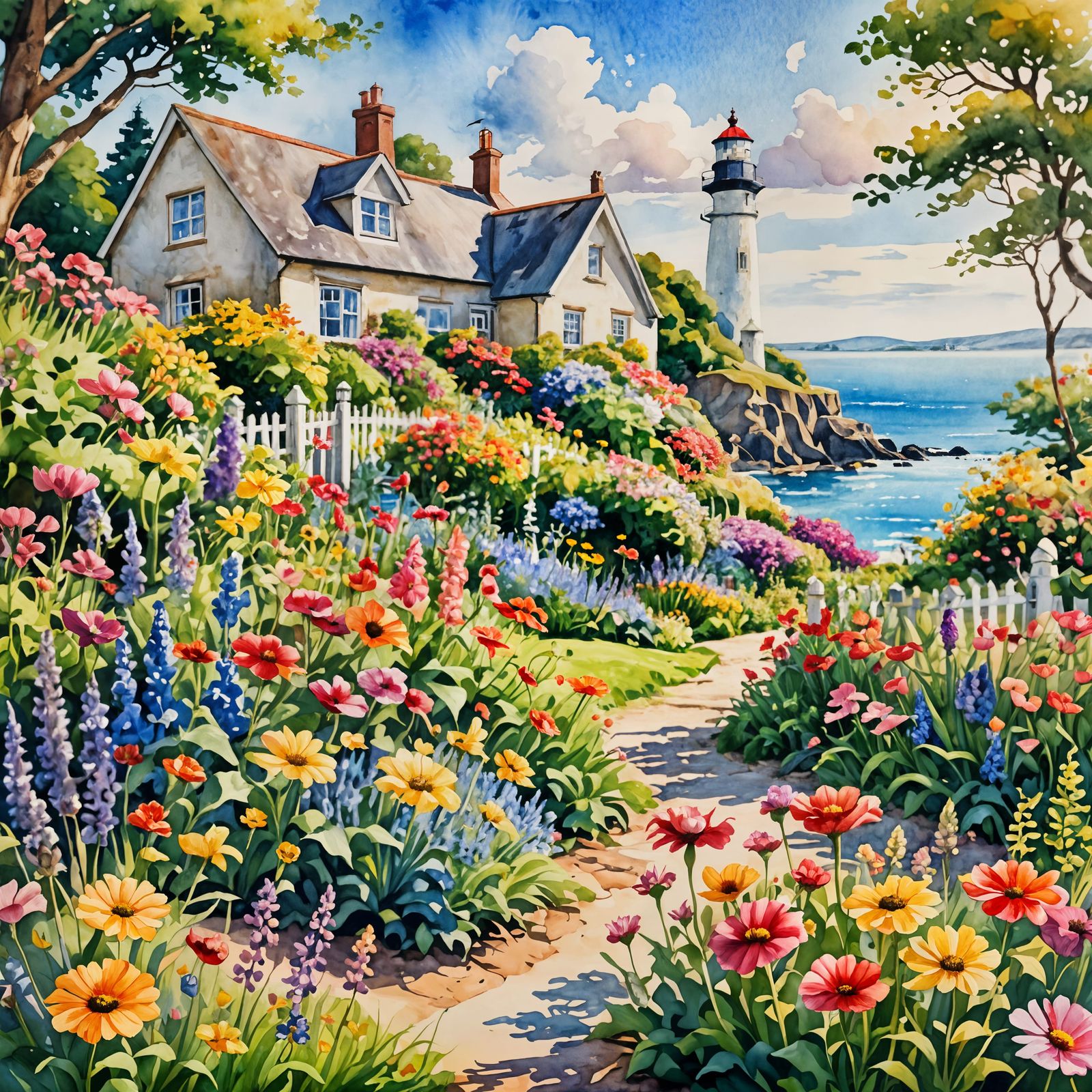 Sunny Summer Garden Watercolor Painting