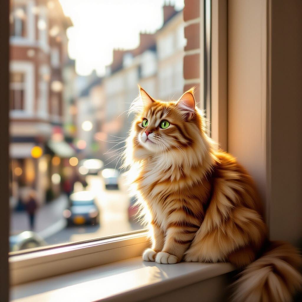 Ginger Cat on Windowsill in Storybook Style