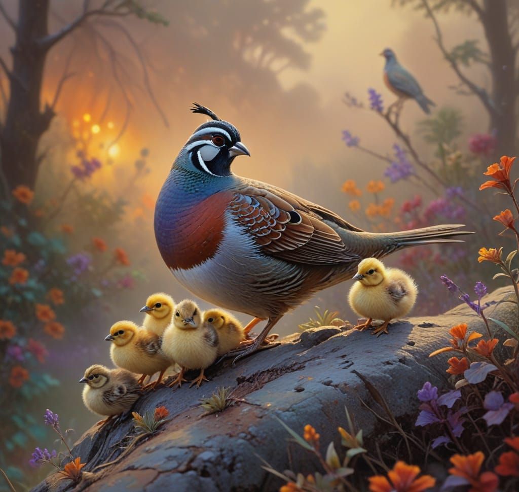 California Quail Family in Vibrant Misty Landscape