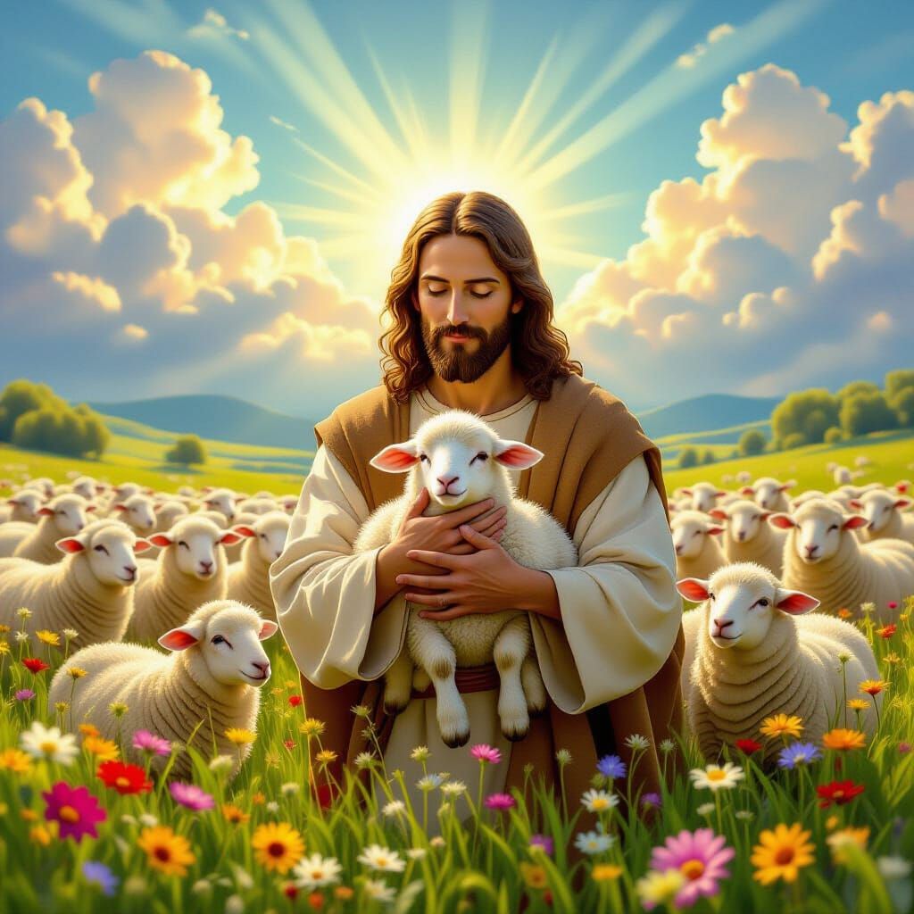 Jesus Among Sheep in a Renaissance Masterpiece Style