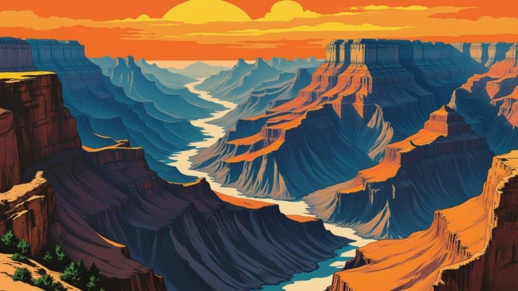 Grand Canyon Retro 1950s Travel Poster in Gouache Style