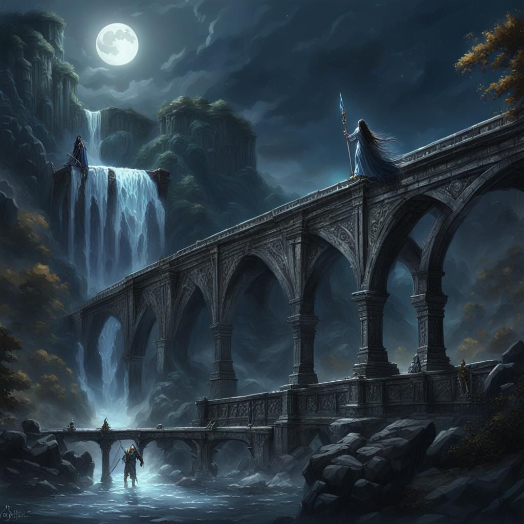 Moonlit Bridge: Dark Fantasy Warriors in Volumetric Lighting