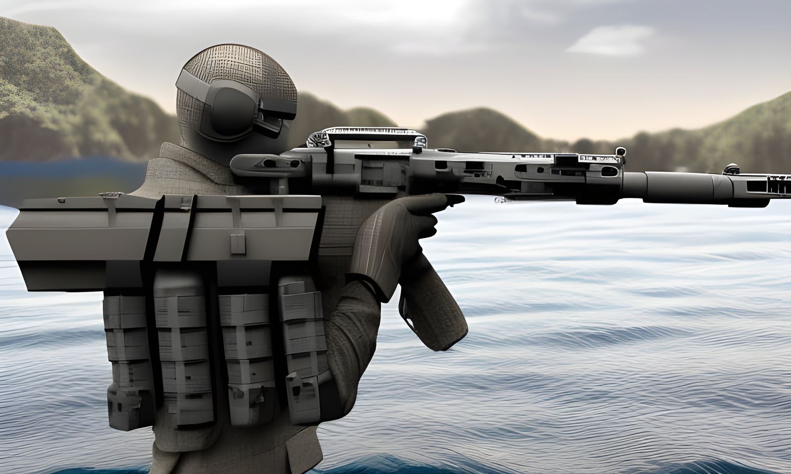 Super Soldier Emerges from Ocean with Vector Machine Gun