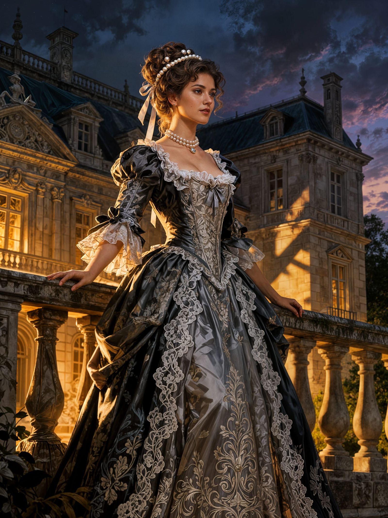 Baroque Lady on Mansion Balcony in Dark Fantasy Style