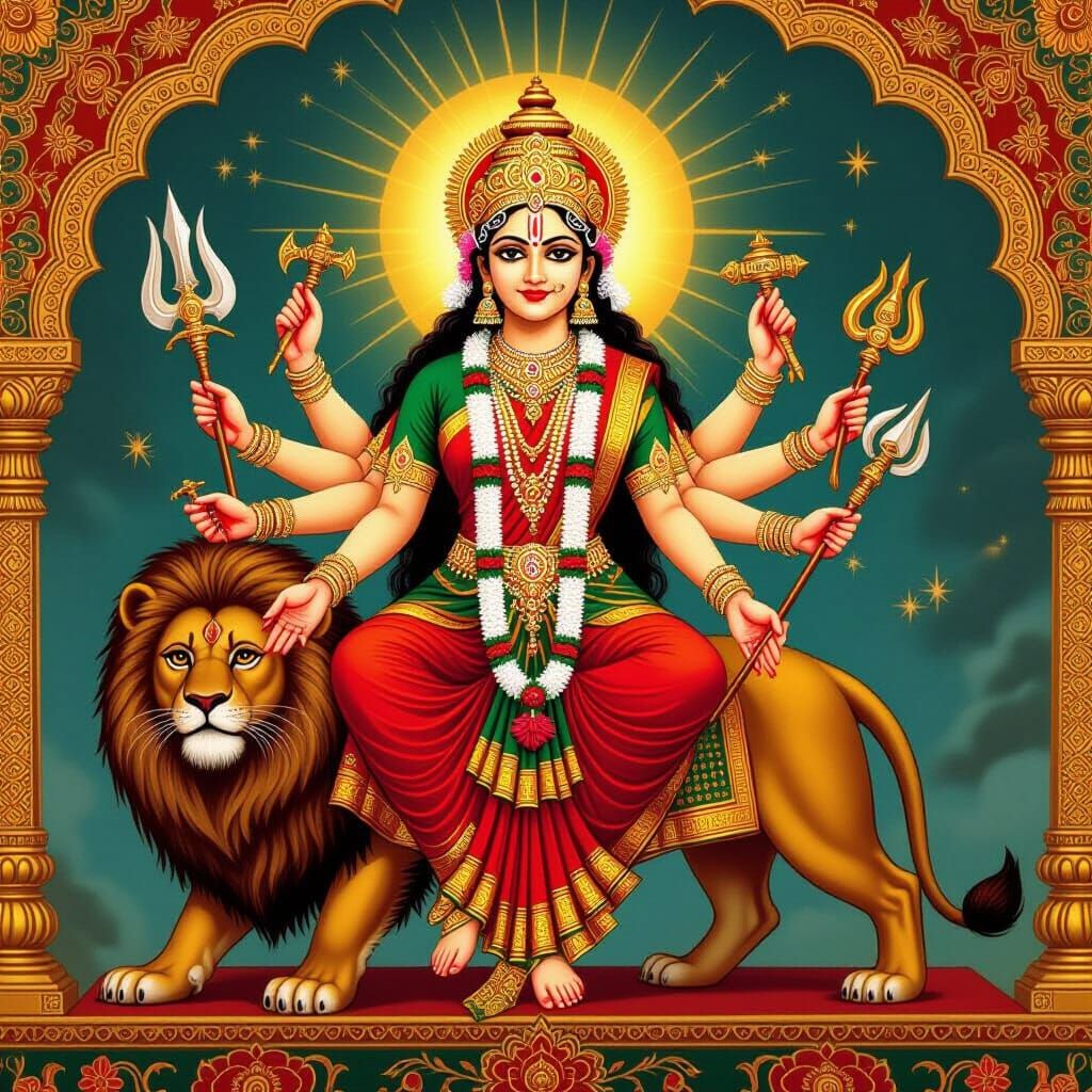 Devotional Illustration of Maa Ambe on Lion Vahana