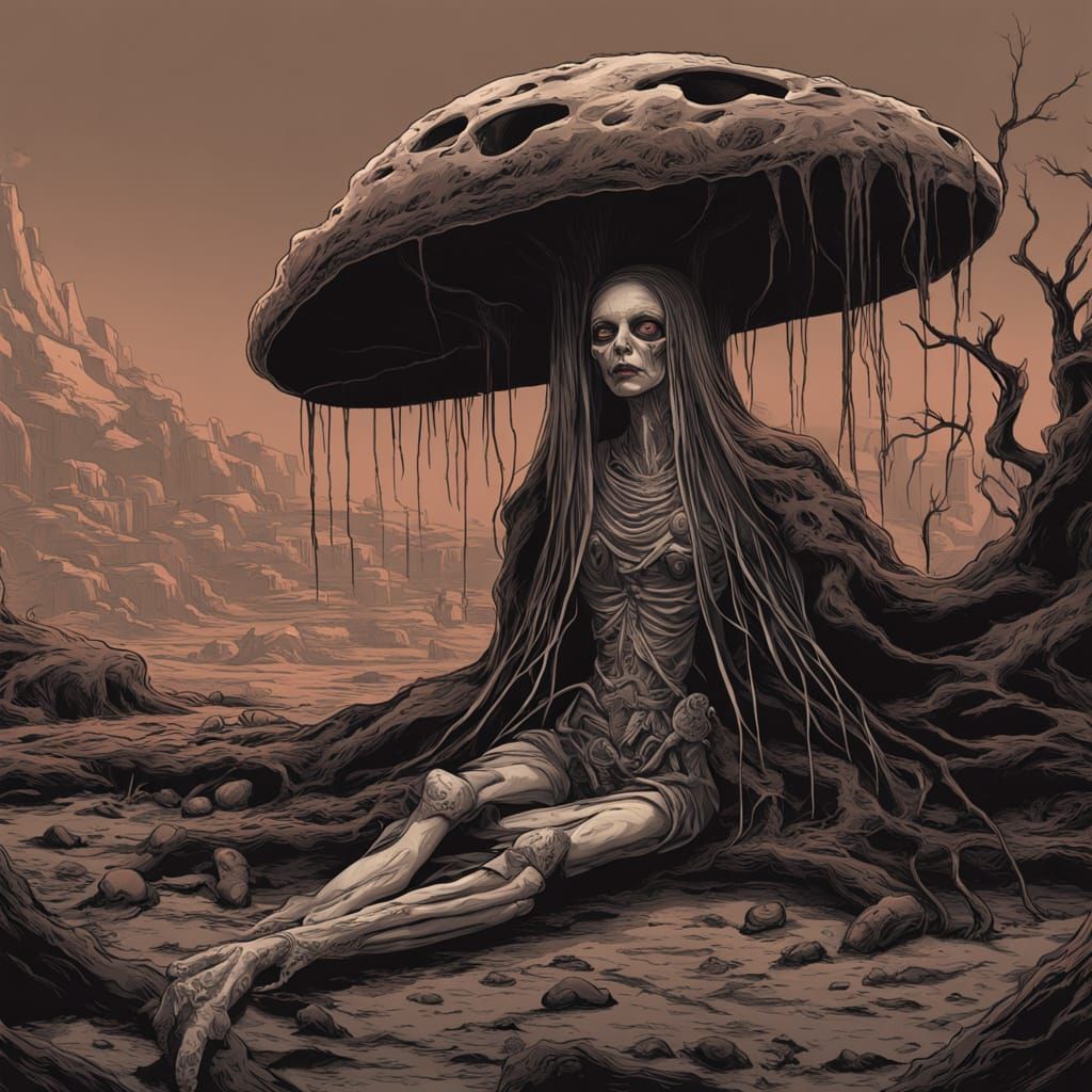 Macabre Portrait: Woman Consumed by Biomechanical Fungi