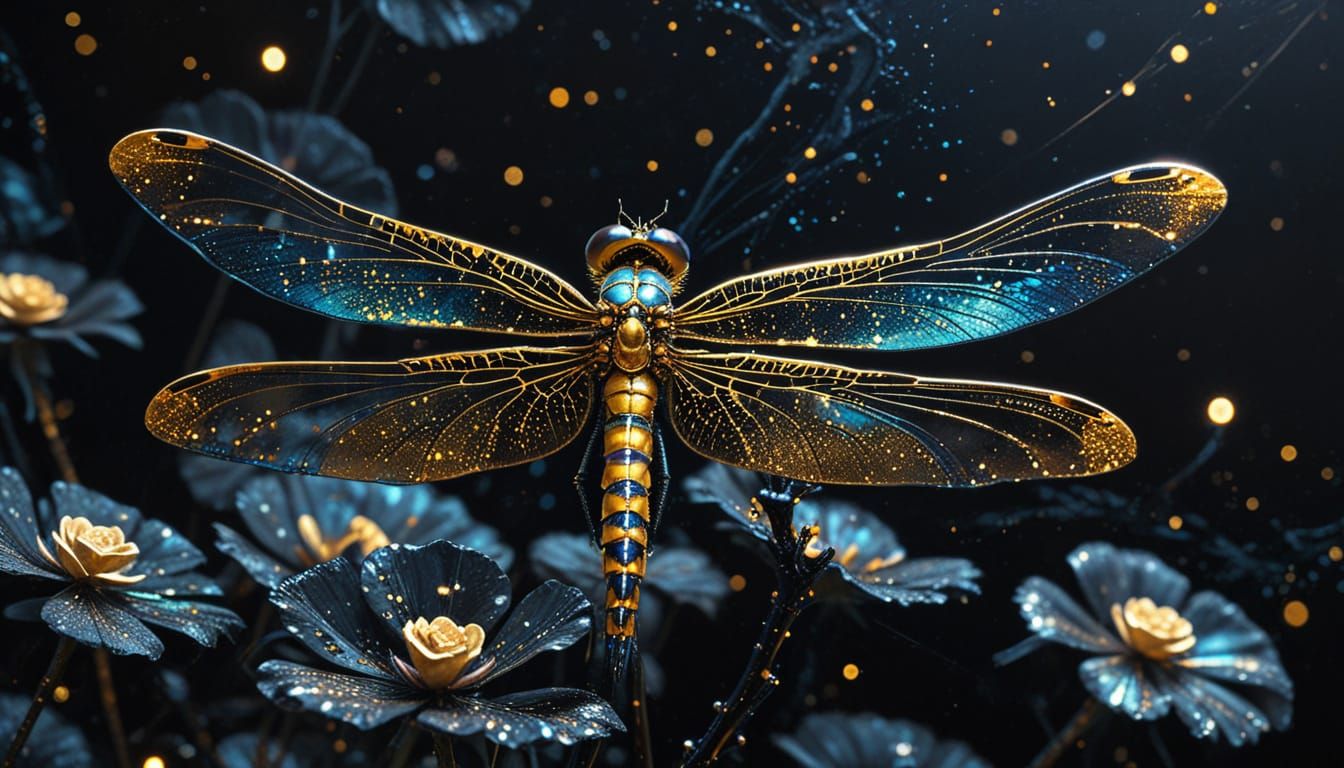 Golden Dragonfly on Black Rose: Acrylic Impasto Illustration