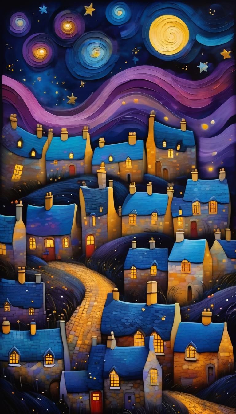 Cotswold Village at Night in Van Gogh Style