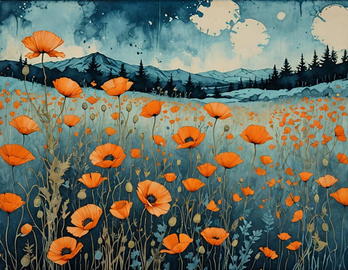 Orange Poppies in Ethereal Cyanotype Landscape