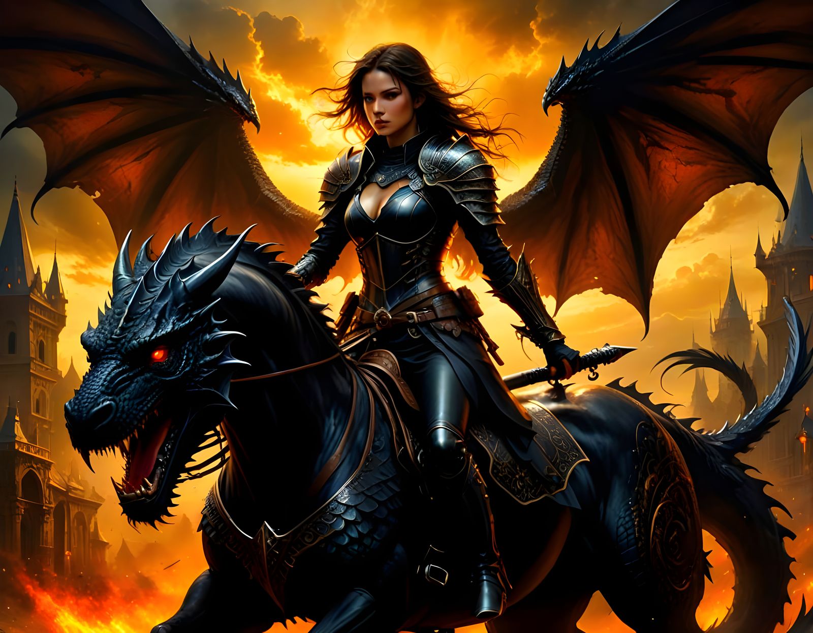 Ethereal Fantasy Assassin Rides Dragon in a Dark Medieval Ae...