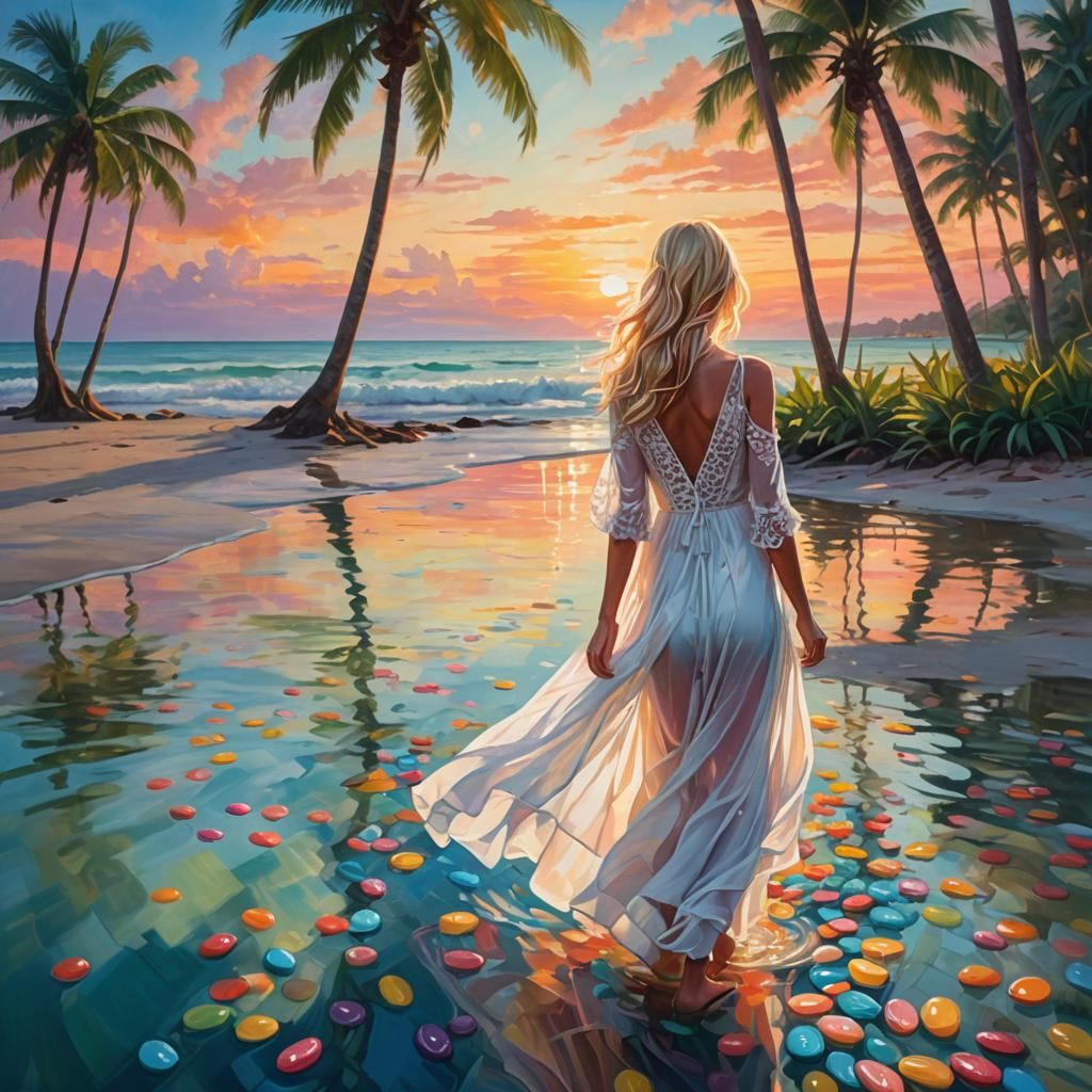 Girl on Tropical Beach in Candy Art Style