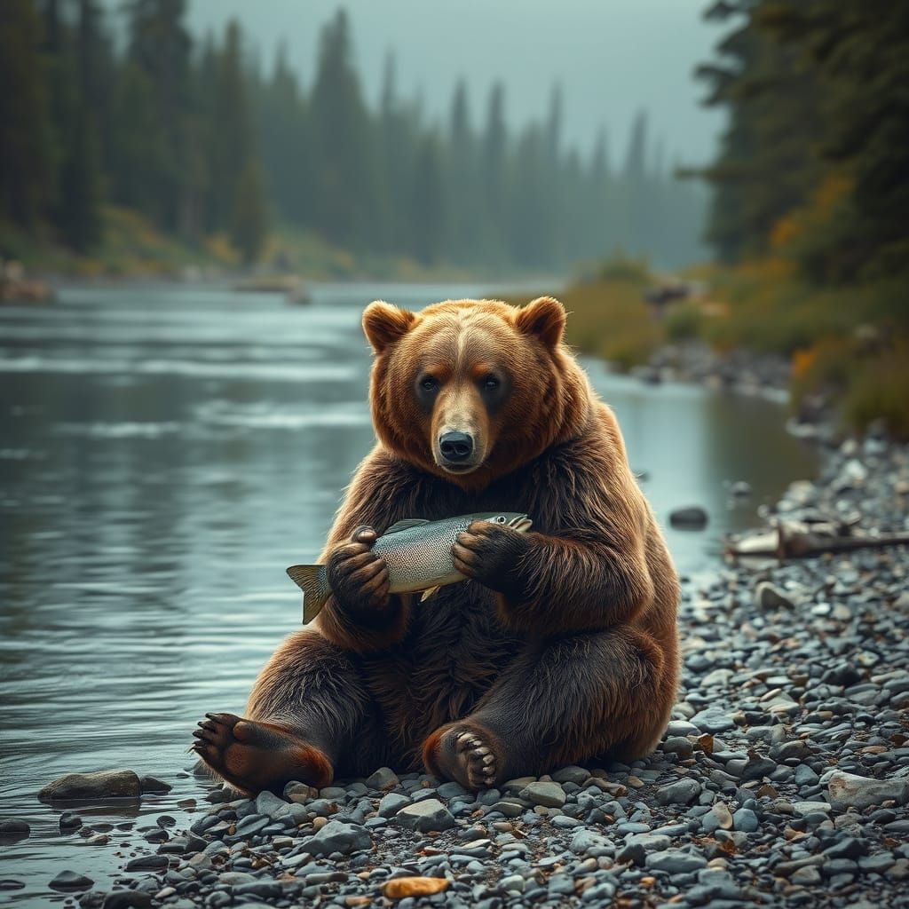 Grizzly Bear with Fresh Fish by Serene Riverbank