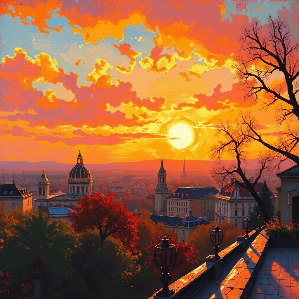 Golden Montaigne Sunset in Impressionist Futurism