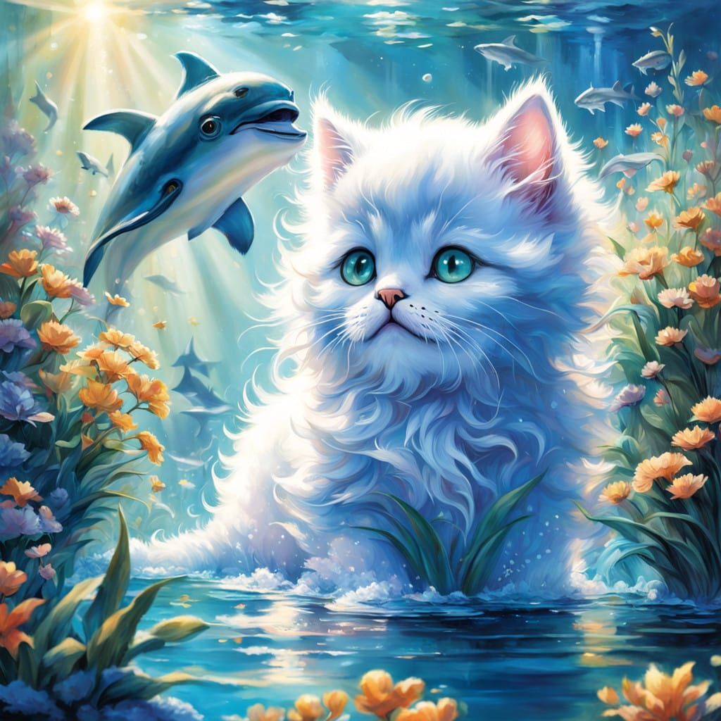 Whimsical Digital Painting of Kitten with Dolphin Fish in Su...