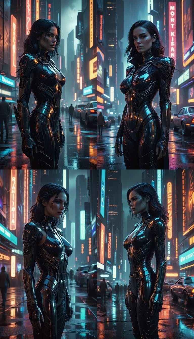Sensual Cyberpunk Goddess Amidst Futuristic Neon Cityscape