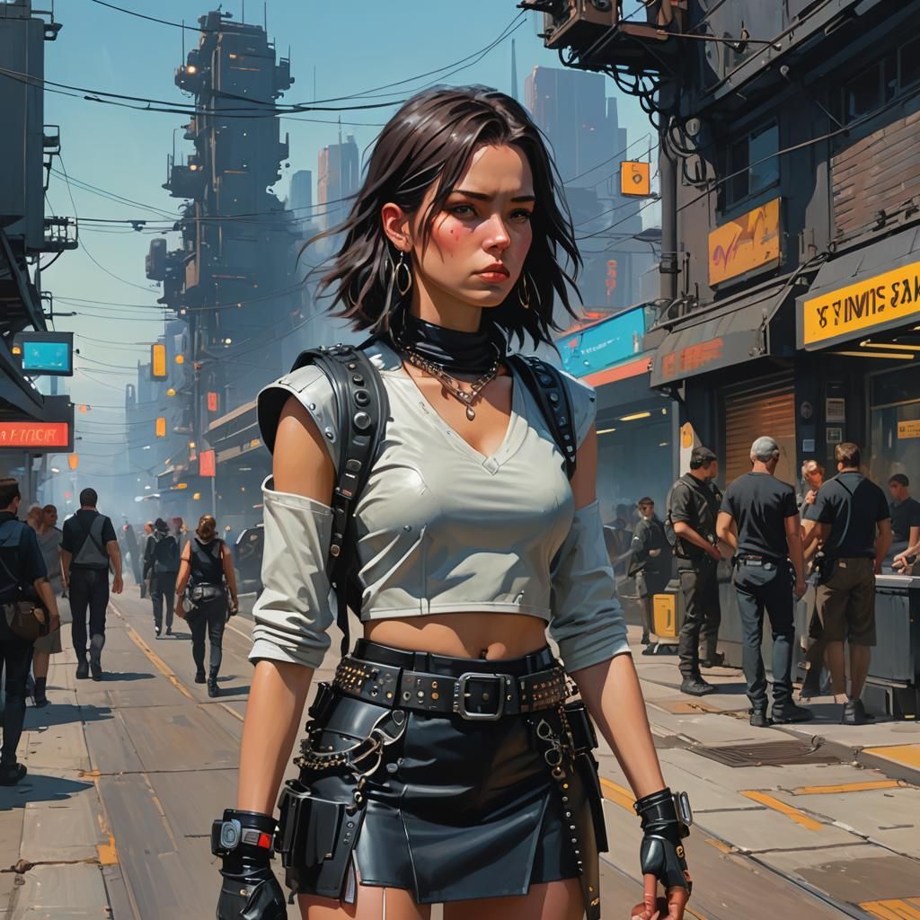 Cyberpunk Woman in Leather Skirt with Industrial Design