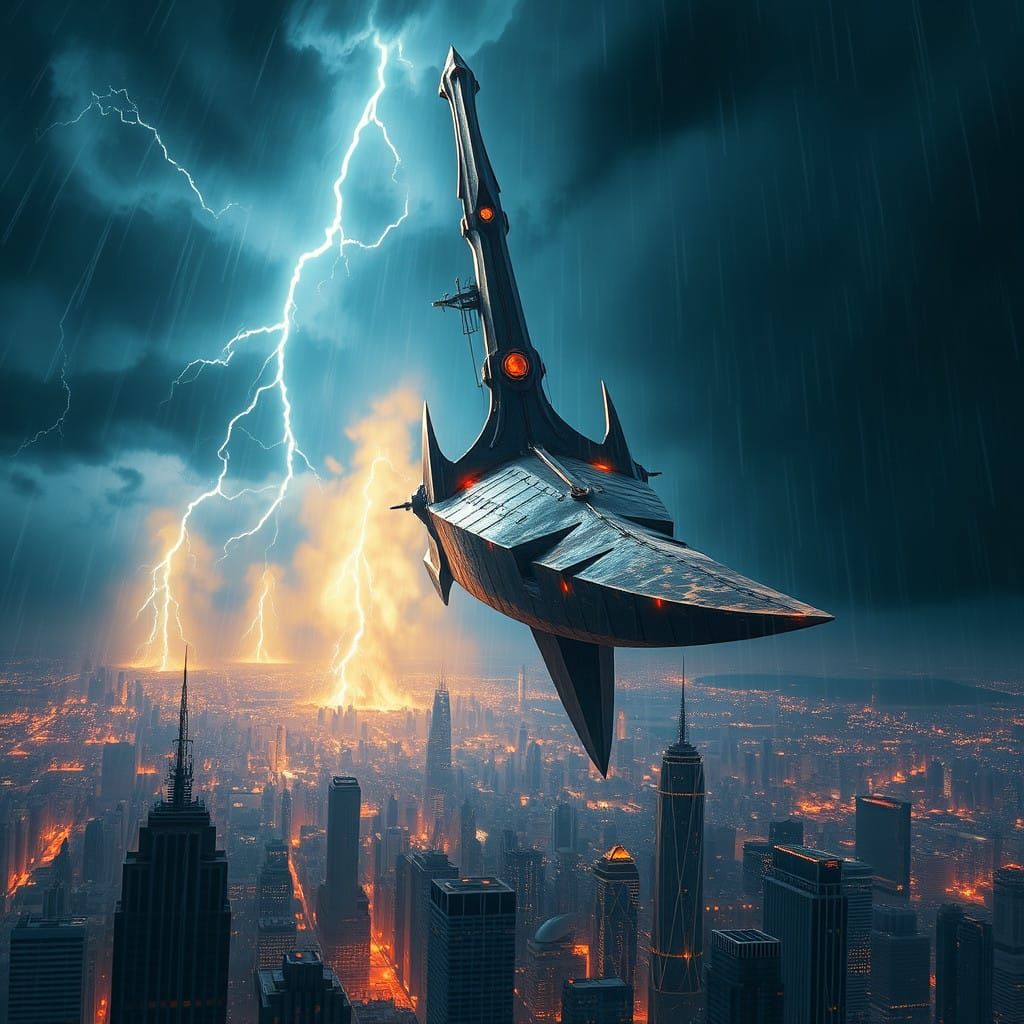 Sword-Shaped Vessel Dominates Stormy Metropolis in Cyberpunk...