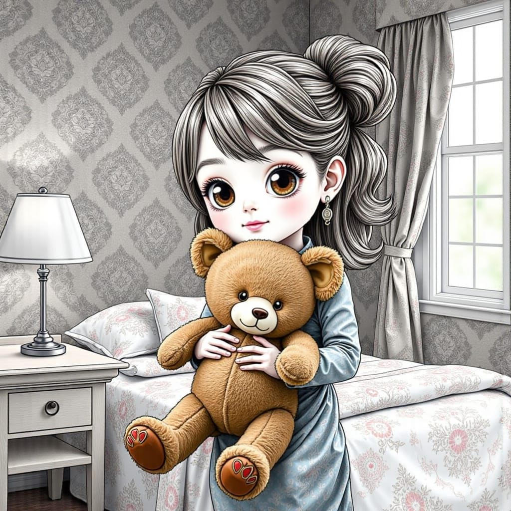 Chibi Girl with Teddy Bear in Detailed Pencil Illustration