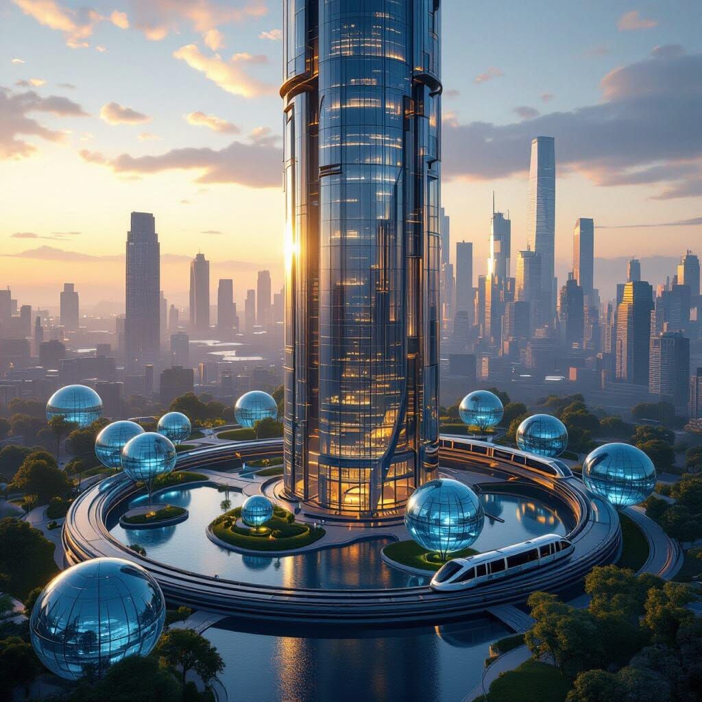 Futuristic Cityscape with Cylindrical Skyscraper in Golden H...