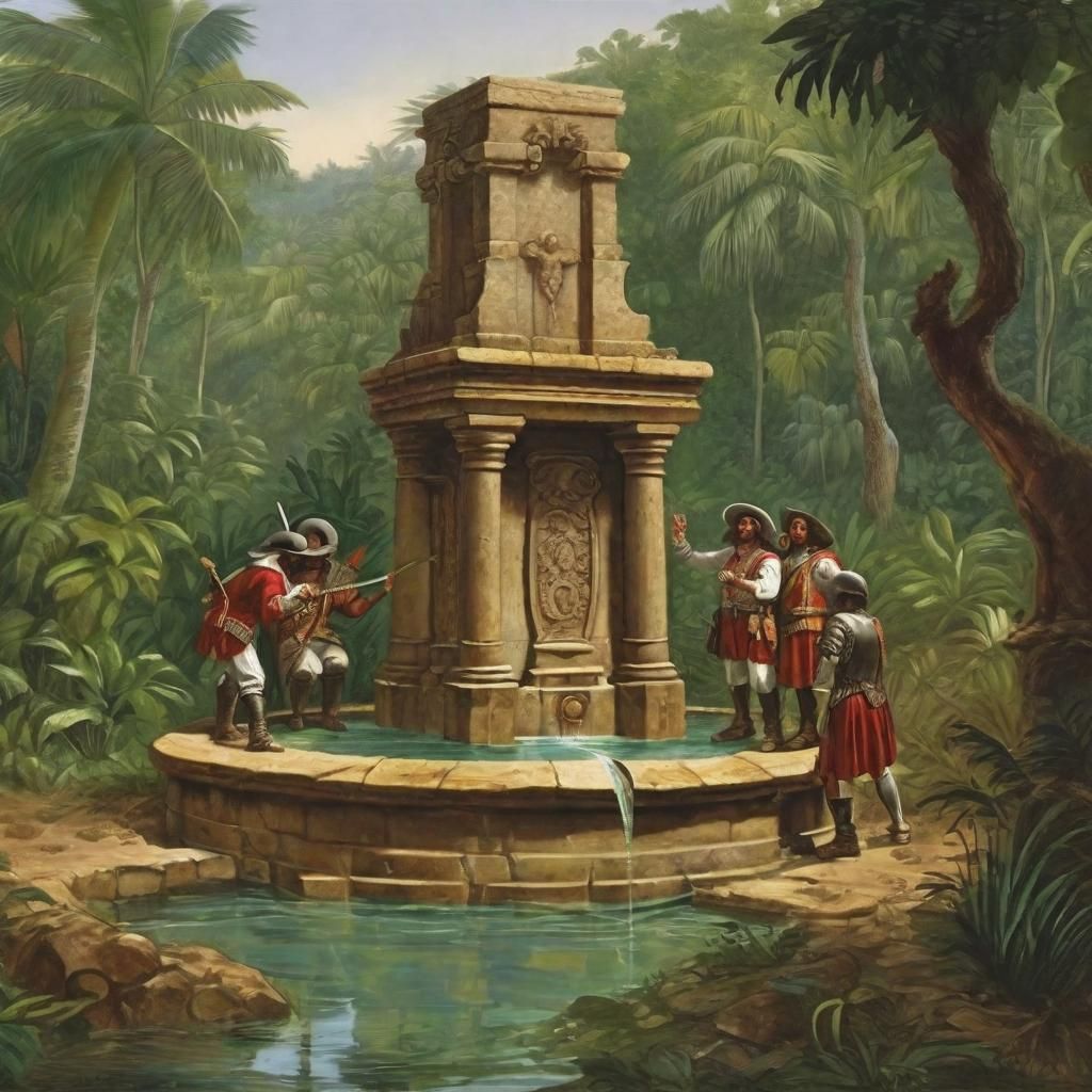 Conquistadors Discovering a Jungle Fountain