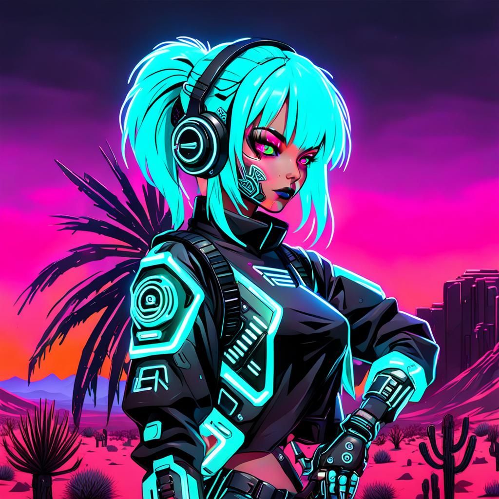 Neon Cyber Girl in Desert Landscape