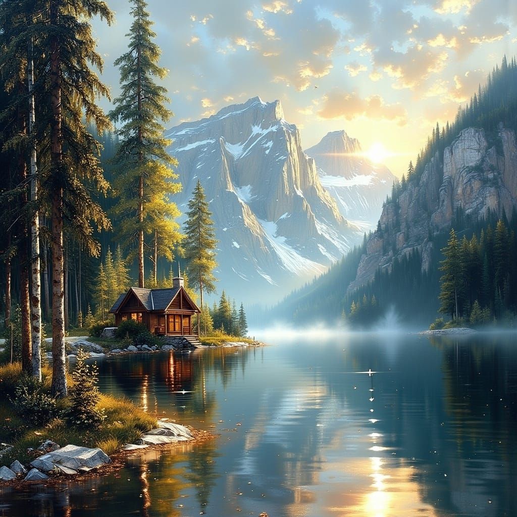 Majestic Mountain Lake with Cabin and Fir Trees