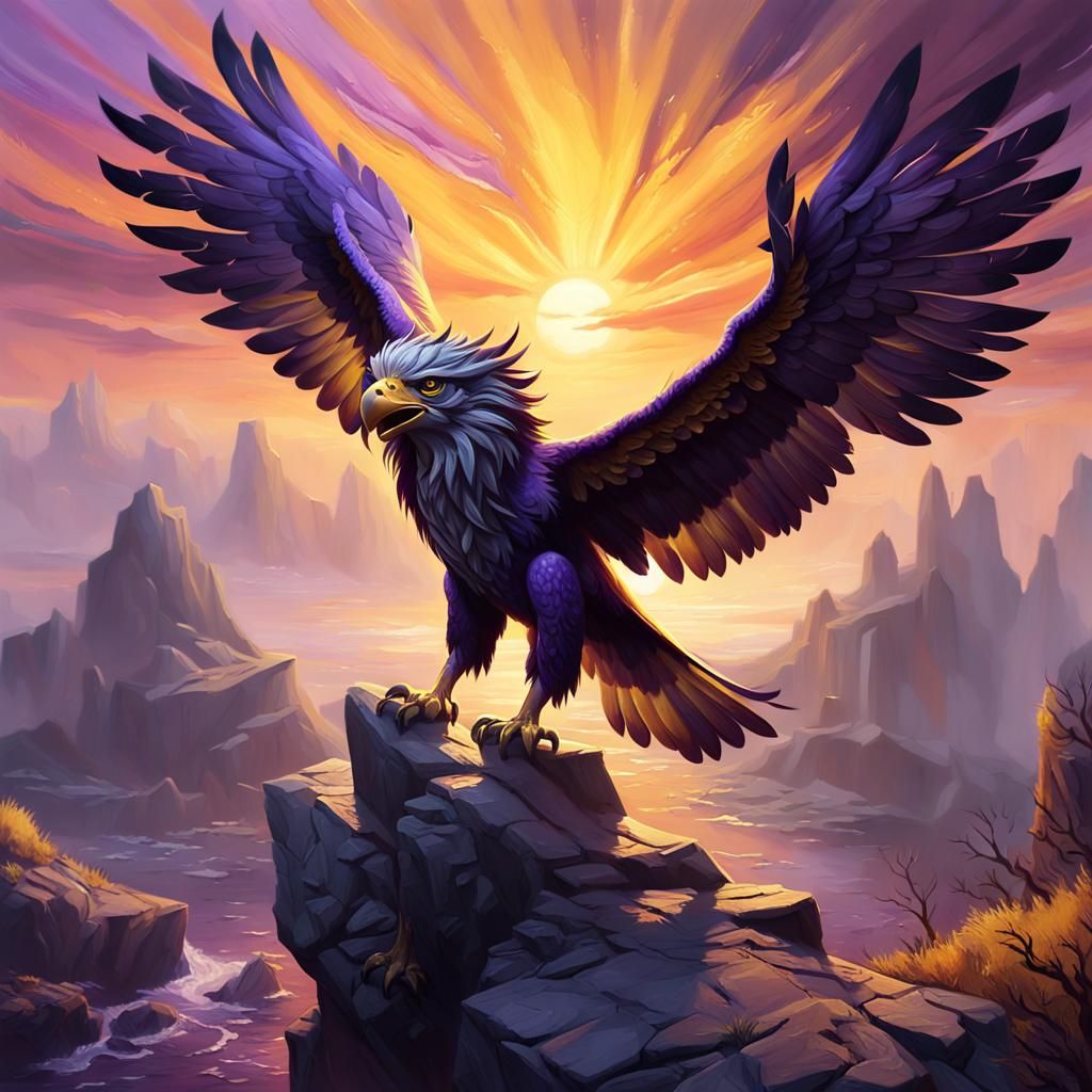 Gryphon Landing: Dark Fantasy Oil Painting