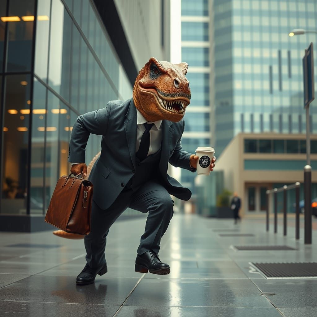 Dinosaur in Business Suit Running Late, Cinematic Style