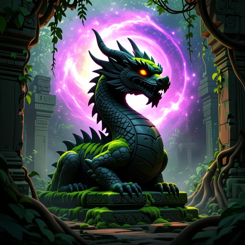 Animated Obsidian Dragon Sculpture in Cosmic Jungle Temple