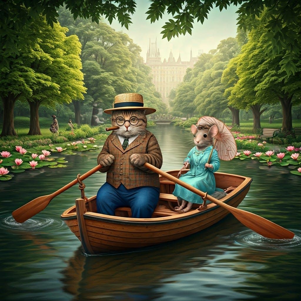 Cat and Mouse in Boat: Whimsical Digital Art