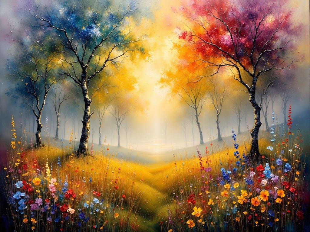 Vibrant Multicolored Landscape Oil Painting in Klimt Style