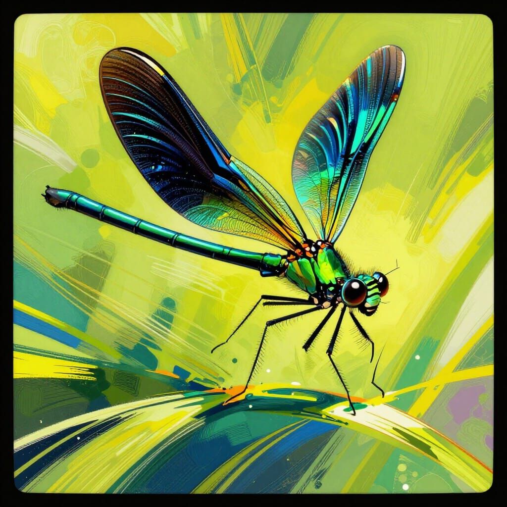 Emerald Damselfly in Vibrant Art Nouveau Style