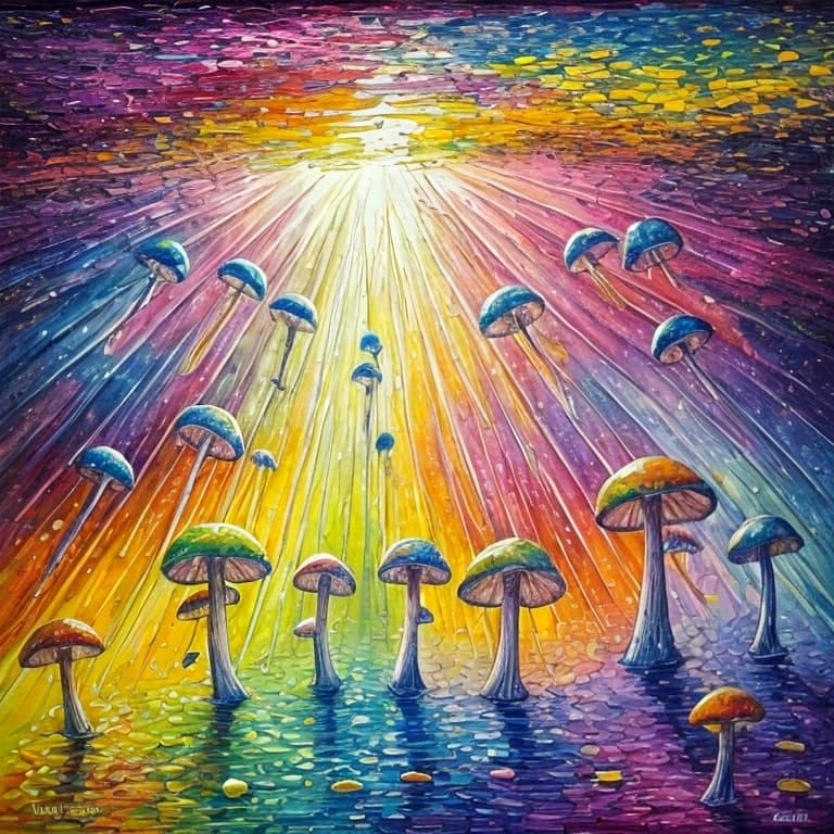 Whimsical Mushrooms in a Vibrant Neo-Impressionist Wonderlan...