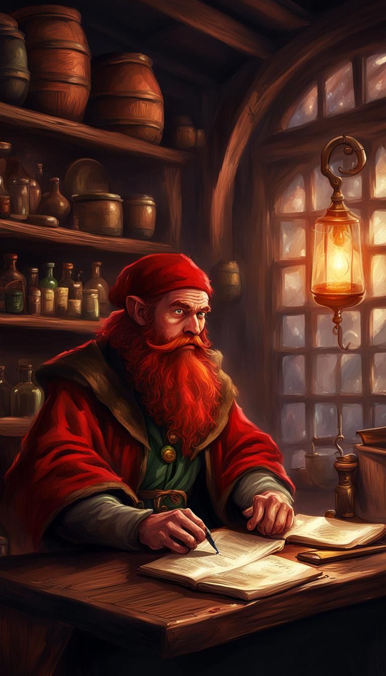 Fantasy Elf Wizard Studying in Tavern, Digital Art