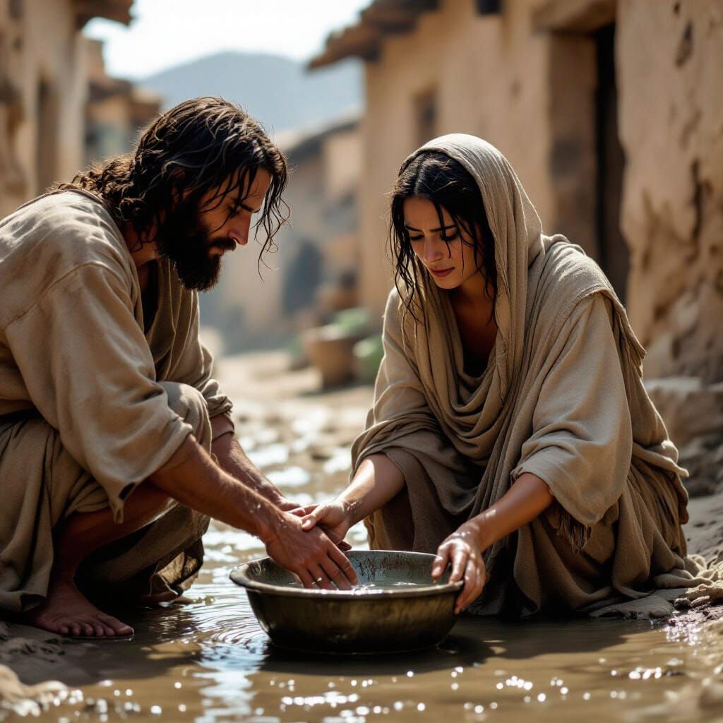 Jesus Washes Weeping Woman's Feet in Ancient City