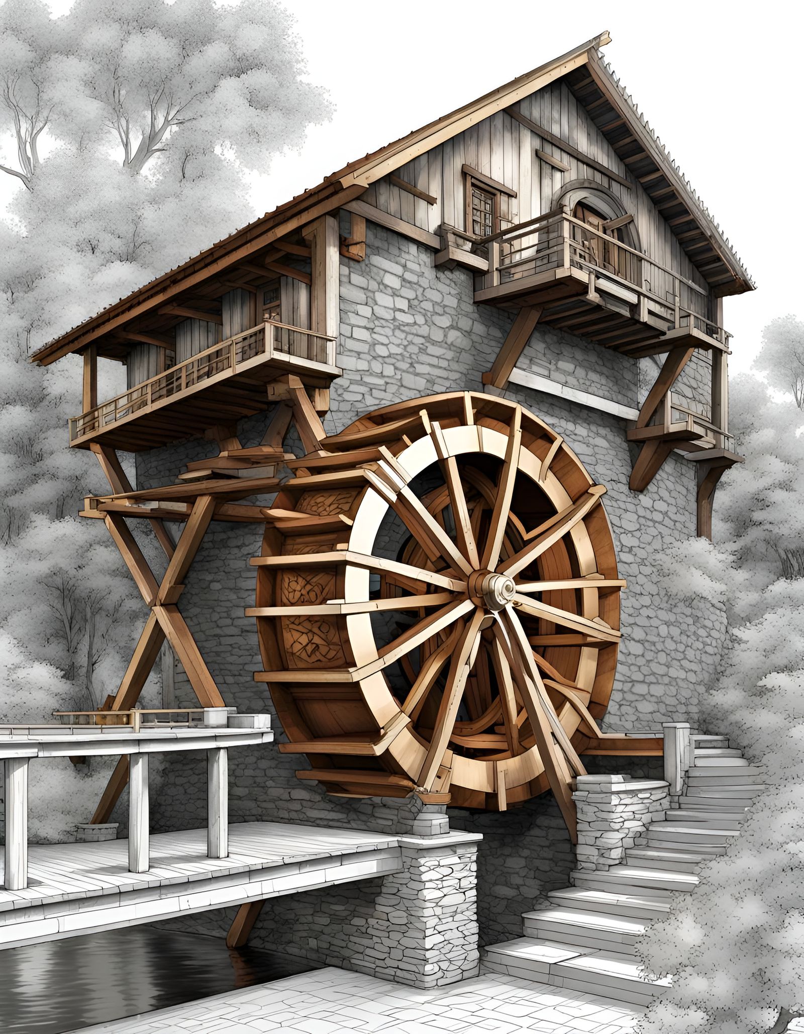 Intricate CAD Drawing of an Ancient Waterwheel