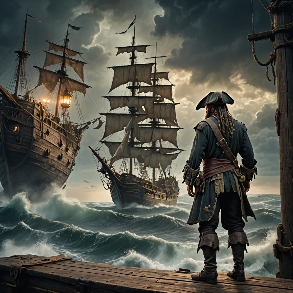 Pirate on the Plank Above Stormy Sea