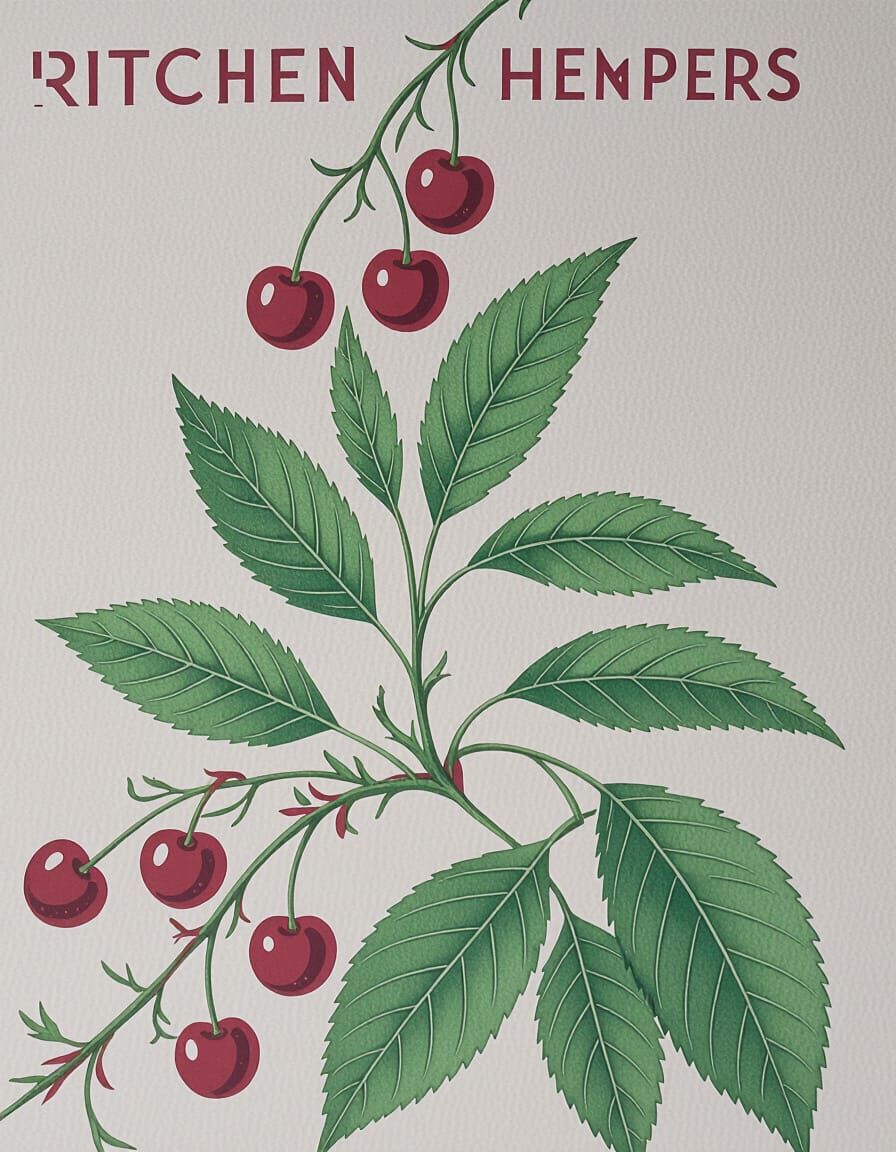 Charming Red Cherry Illustration with Grainy Vintage Print S...