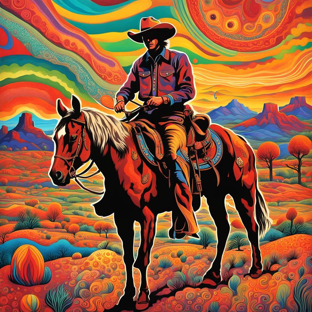 Psychedelic Cowboys in Texas Landscape