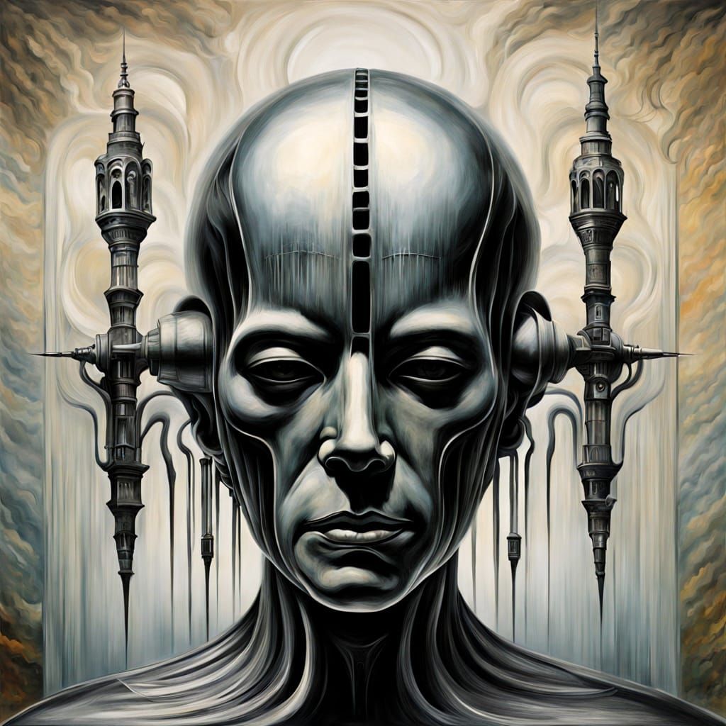 Surreal Abstract Fusion of Magritte and Giger Styles