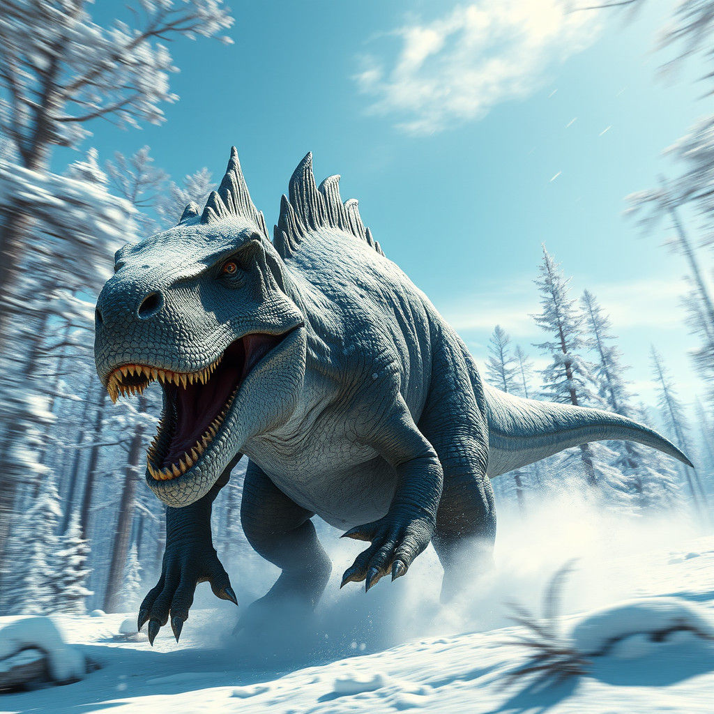 Cyberpunk-Style Dinosaur Charging Through Snowy Forest