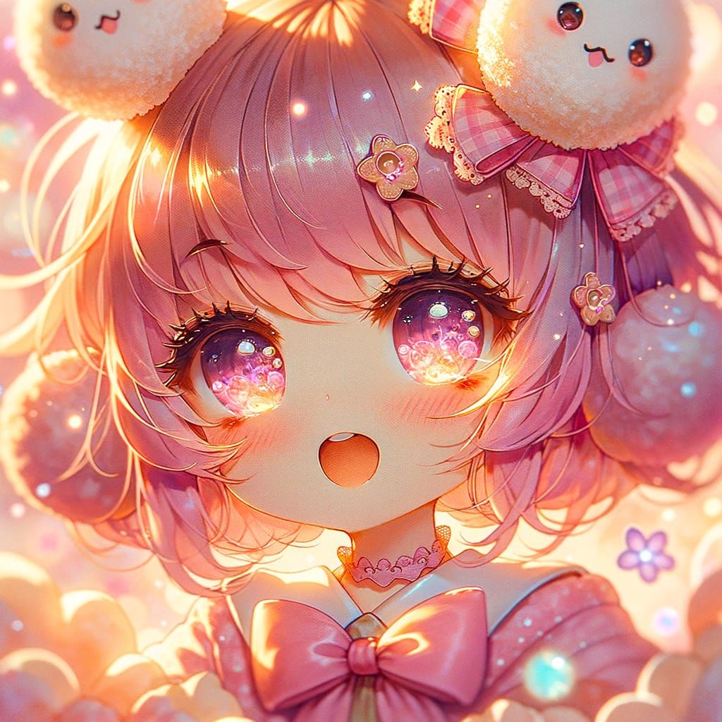Kawaii Anime Girl with Mochi Bows and Dreamy Smile