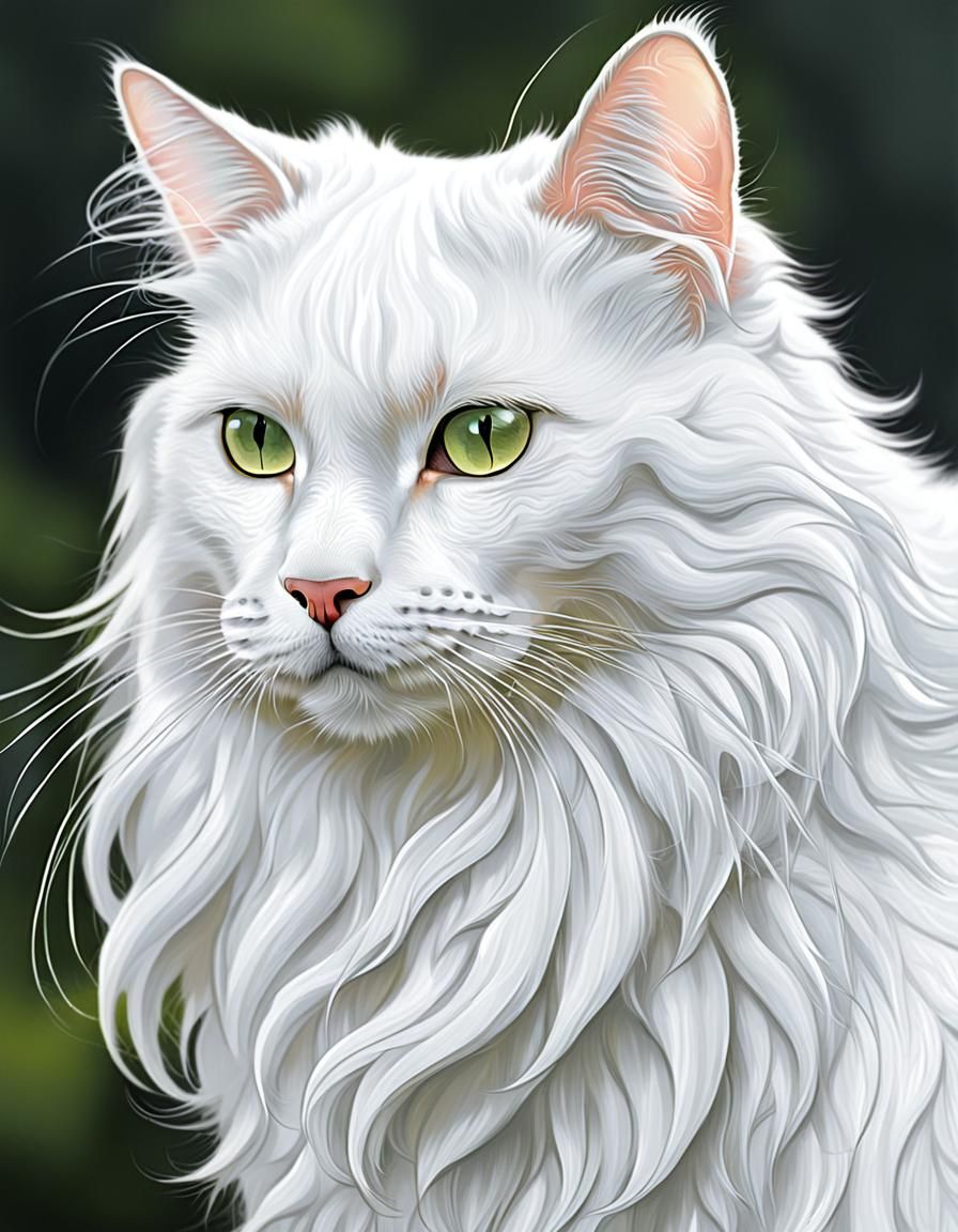 Detailed Long-Haired White Cat Portrait