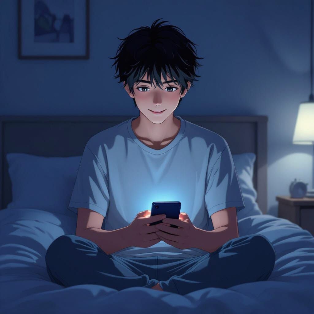 Anime Man with Glowing Phone in Dimly Lit Room