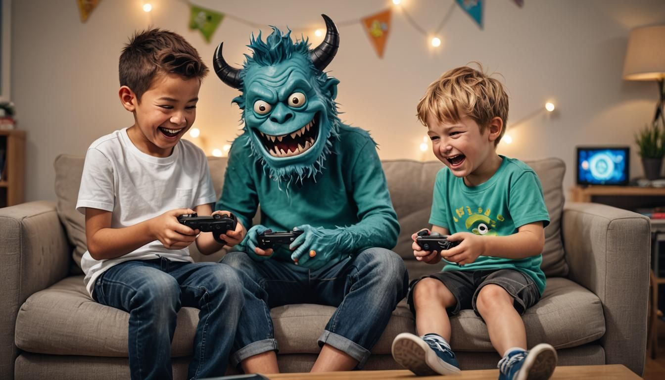 Cartoon Monster and Boy Playing Video Game