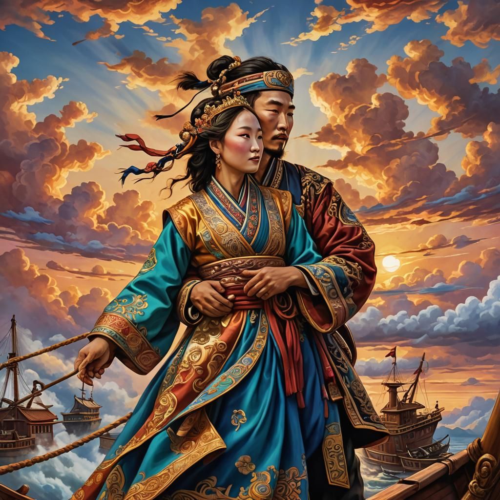 Mongolian Folk Art: Couple Embracing at Sunset