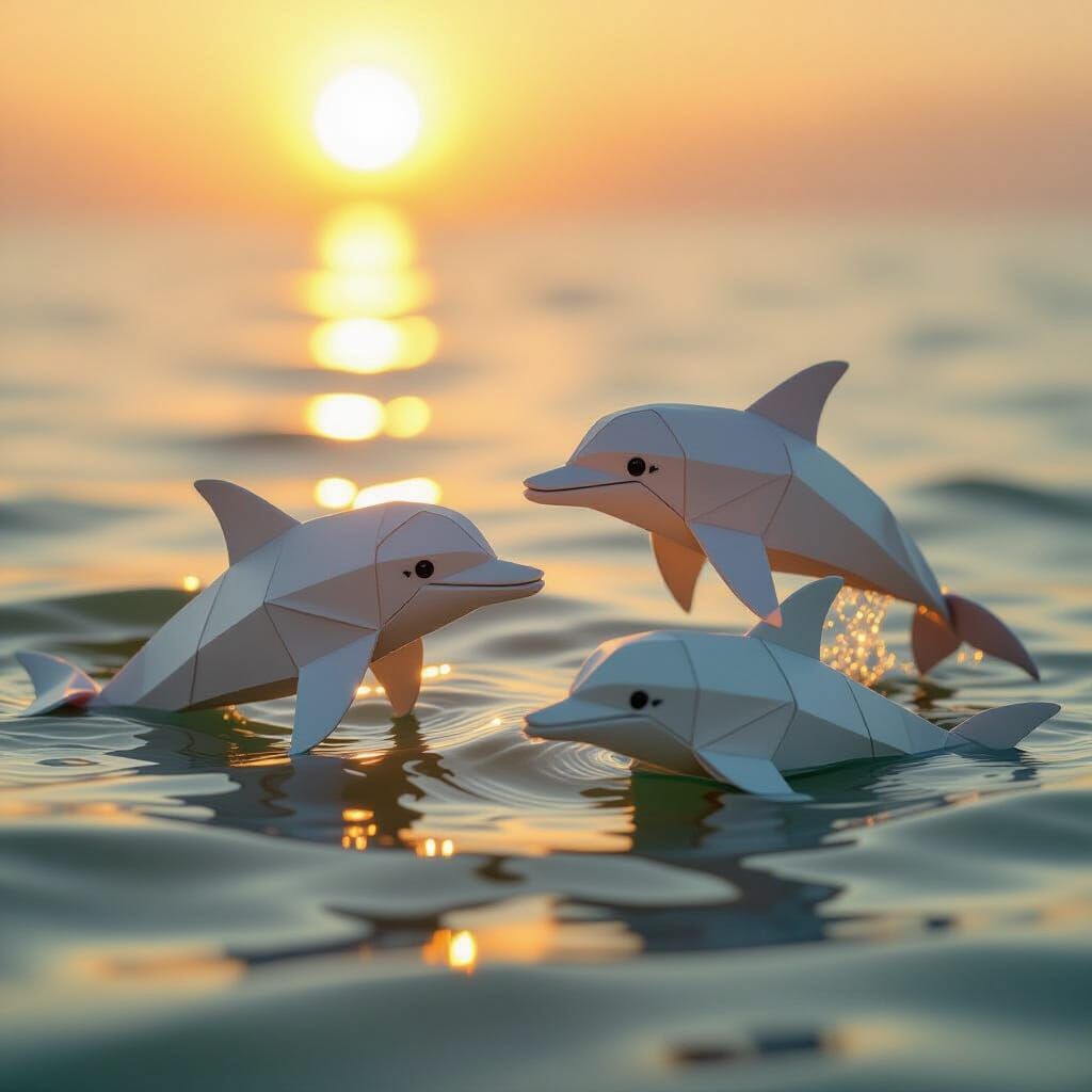 Origami Dolphins Swimming in Sunset Ocean